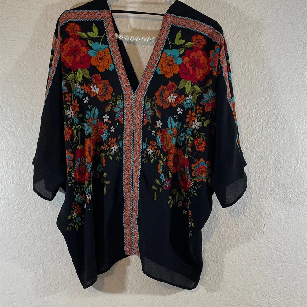 Rose + Olive Floral Oversized Blouse Top Colorful Dolman Sleeve Boho Size Small - Picture 4 of 8